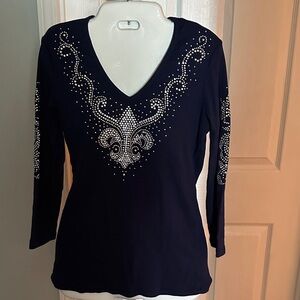 Reba Navy Rhinestone/metal embellishment Long Sleeve Top size M
